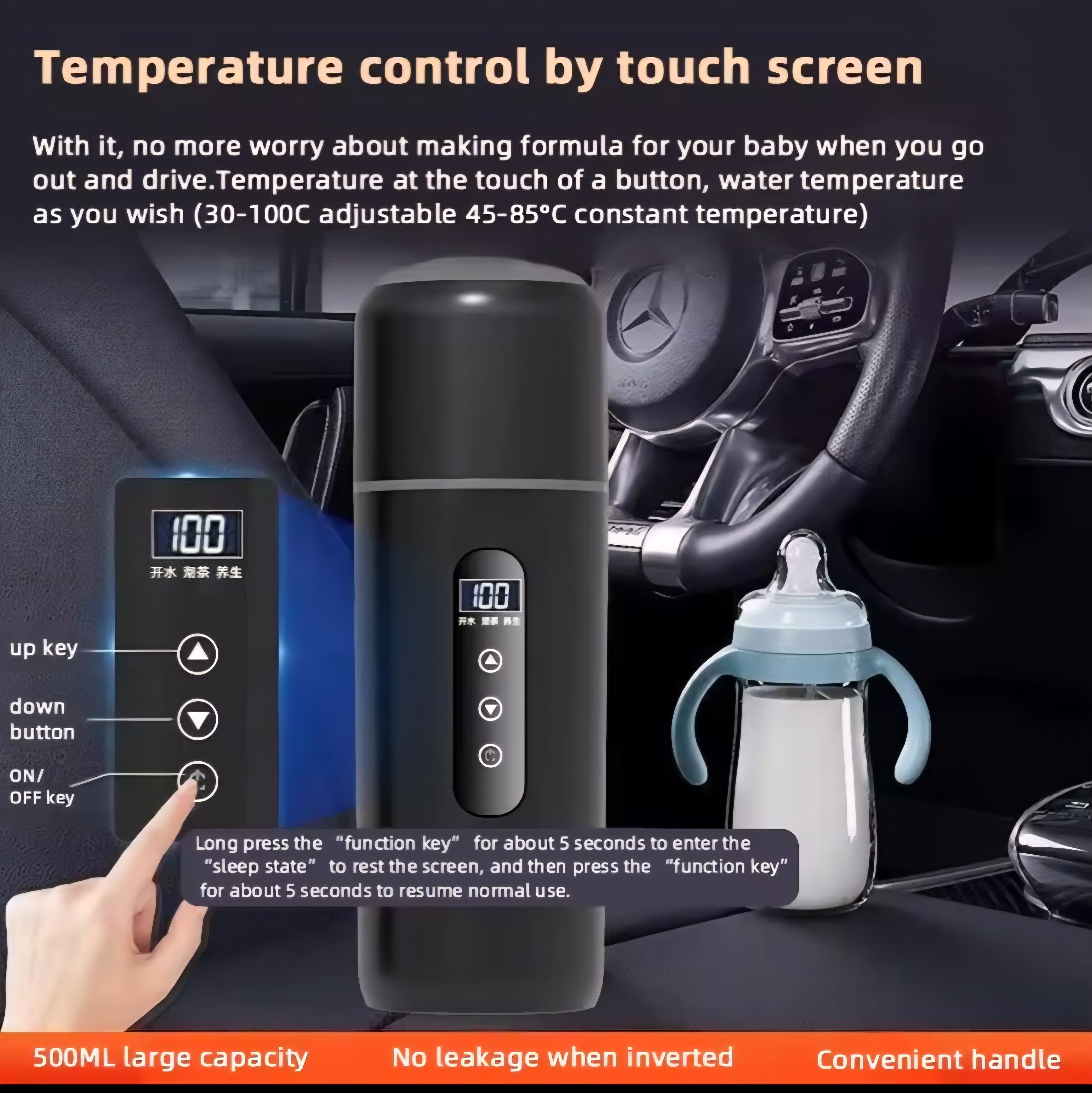 Electric Kettle 12V/24V Portable Car Heating Cup 500ml Travel Heating Touch Screen Intelligent Av