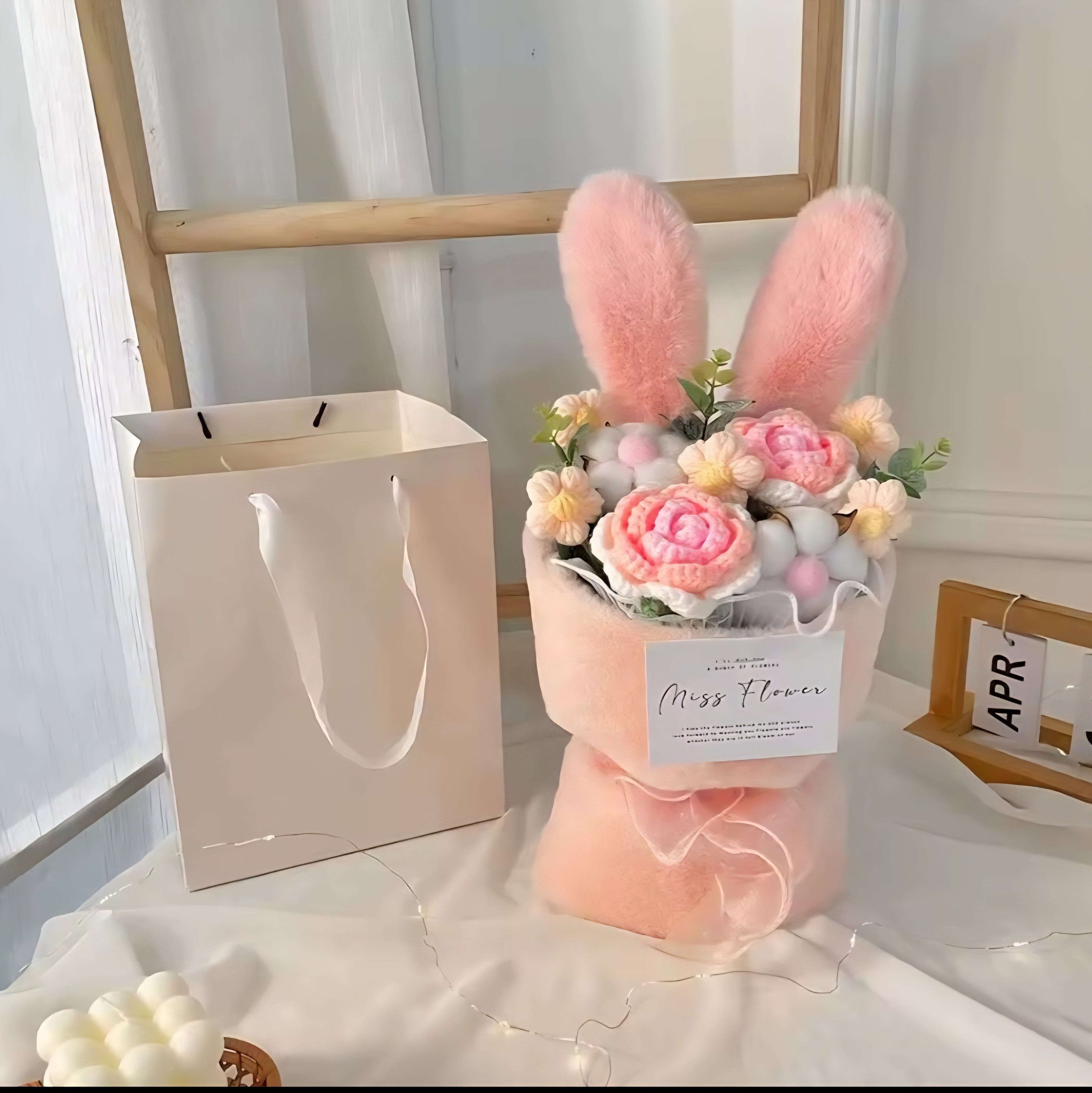 1PC Cotton Rope Artificial Roses Bouquet Handmade Rabbit Ear Knitted Plush Flower Bun.v
