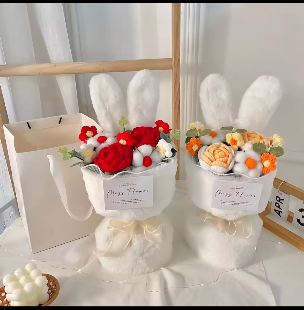 1PC Cotton Rope Artificial Roses Bouquet Handmade Rabbit Ear Knitted Plush Flower Bun.v