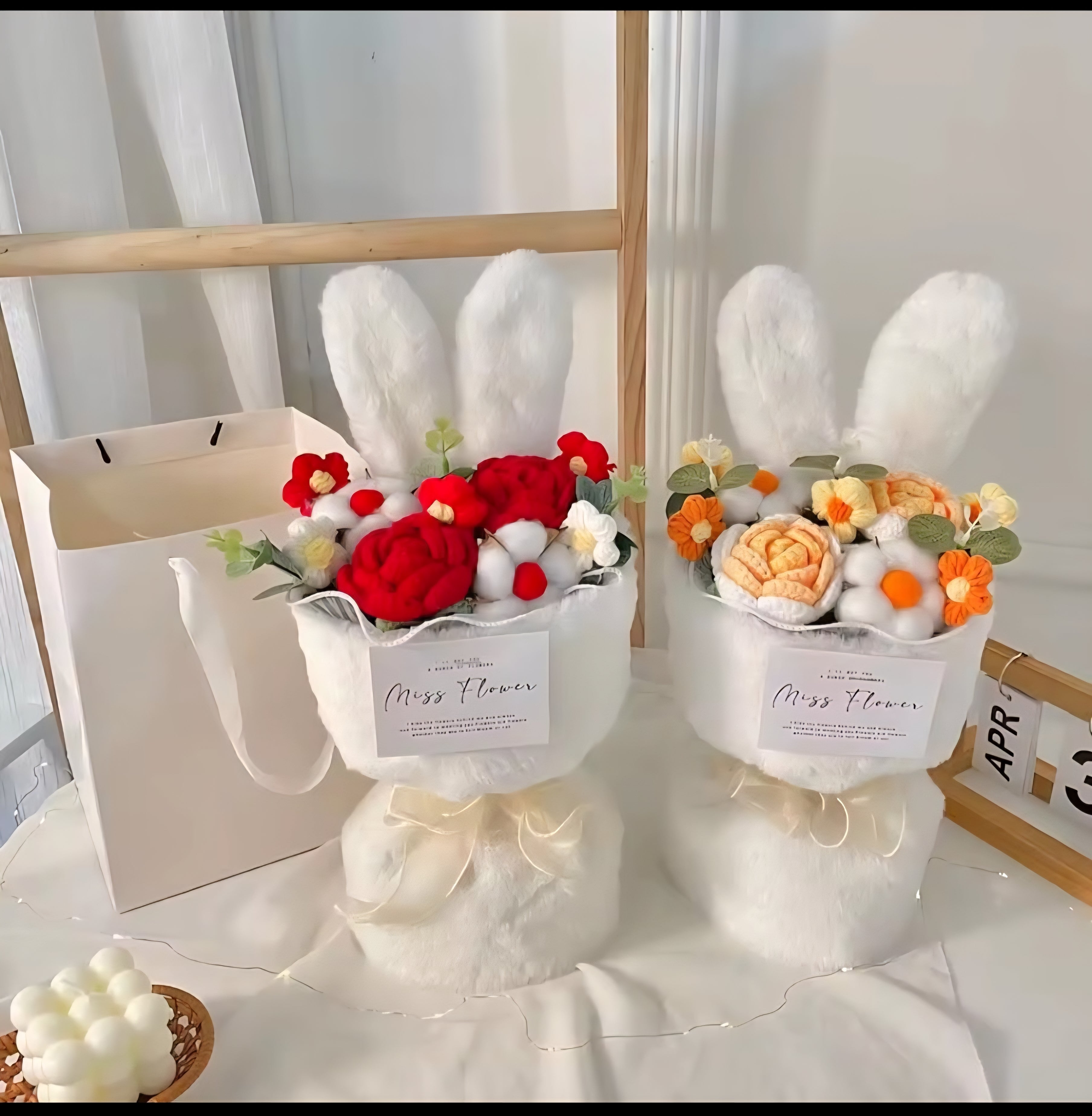 1PC Cotton Rope Artificial Roses Bouquet Handmade Rabbit Ear Knitted Plush Flower Bun.v