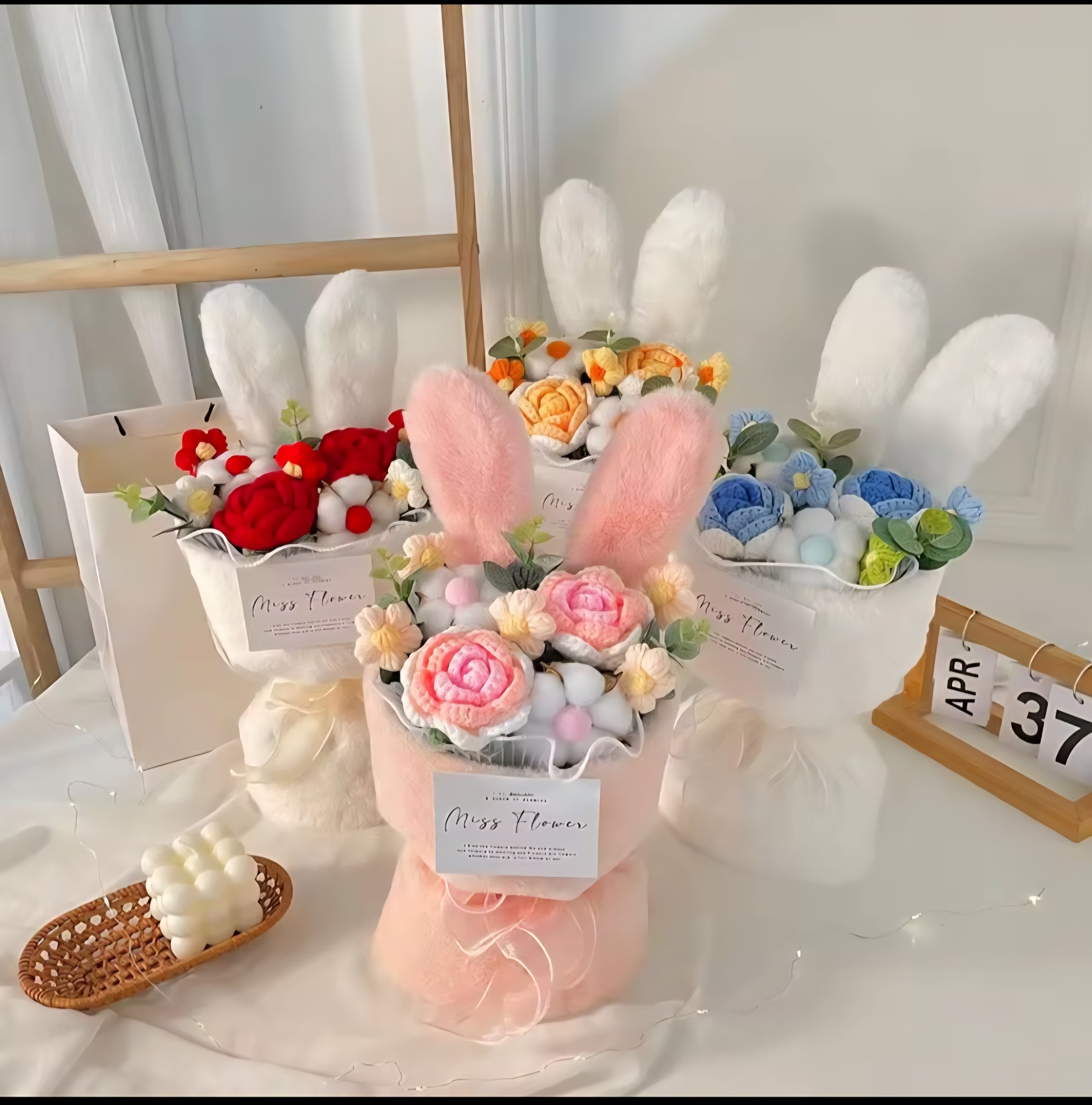 1PC Cotton Rope Artificial Roses Bouquet Handmade Rabbit Ear Knitted Plush Flower Bun.v