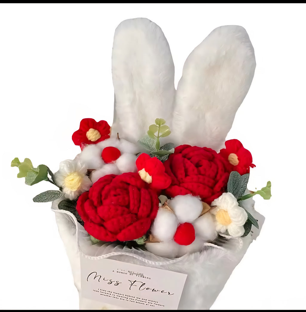 1PC Cotton Rope Artificial Roses Bouquet Handmade Rabbit Ear Knitted Plush Flower Bun.v