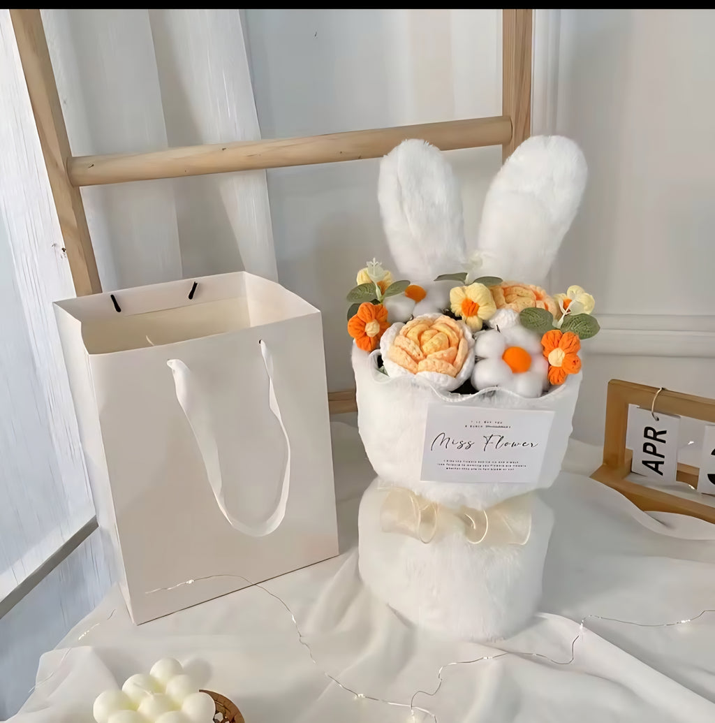 1PC Cotton Rope Artificial Roses Bouquet Handmade Rabbit Ear Knitted Plush Flower Bun.v