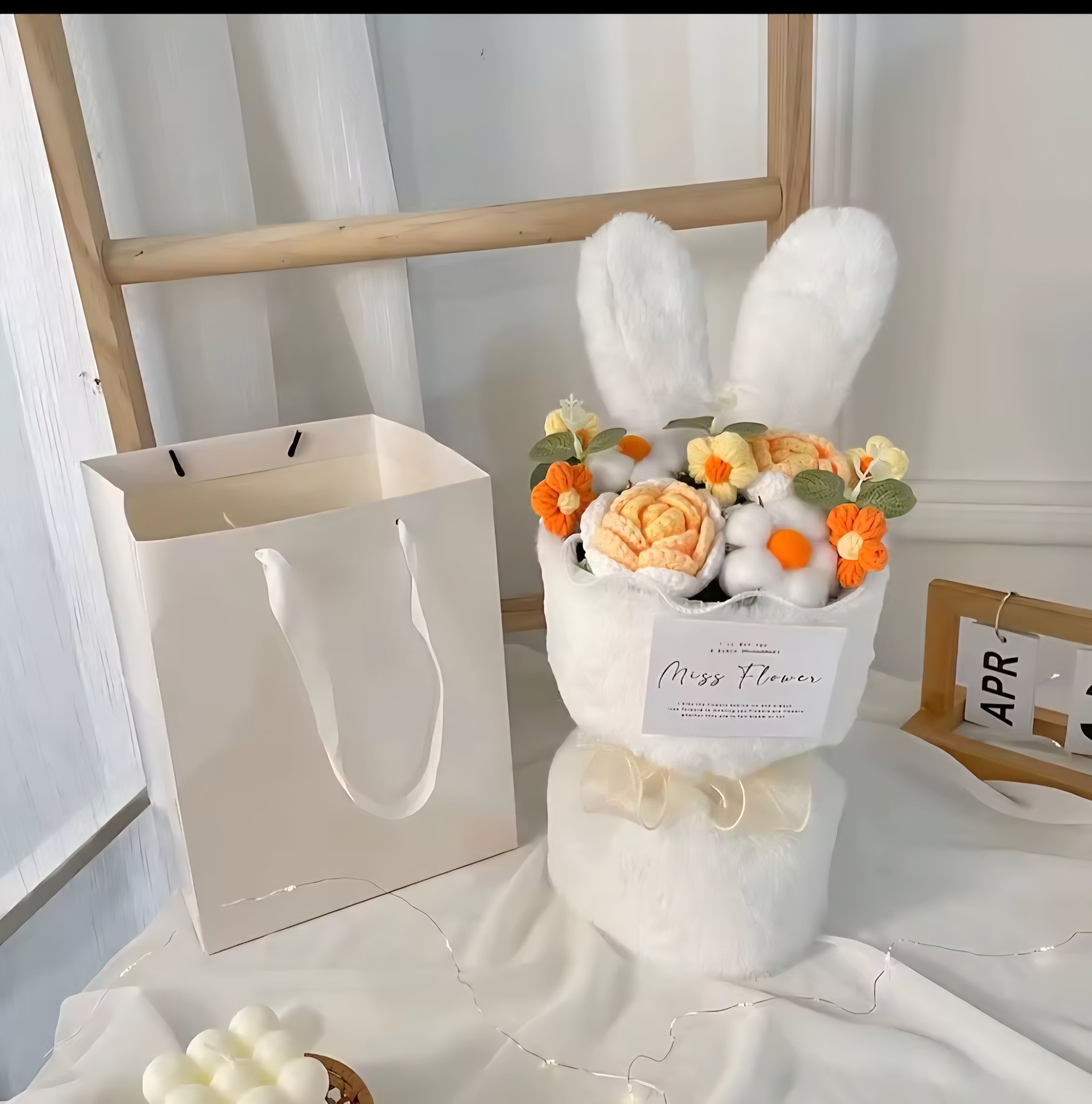 1PC Cotton Rope Artificial Roses Bouquet Handmade Rabbit Ear Knitted Plush Flower Bun.v