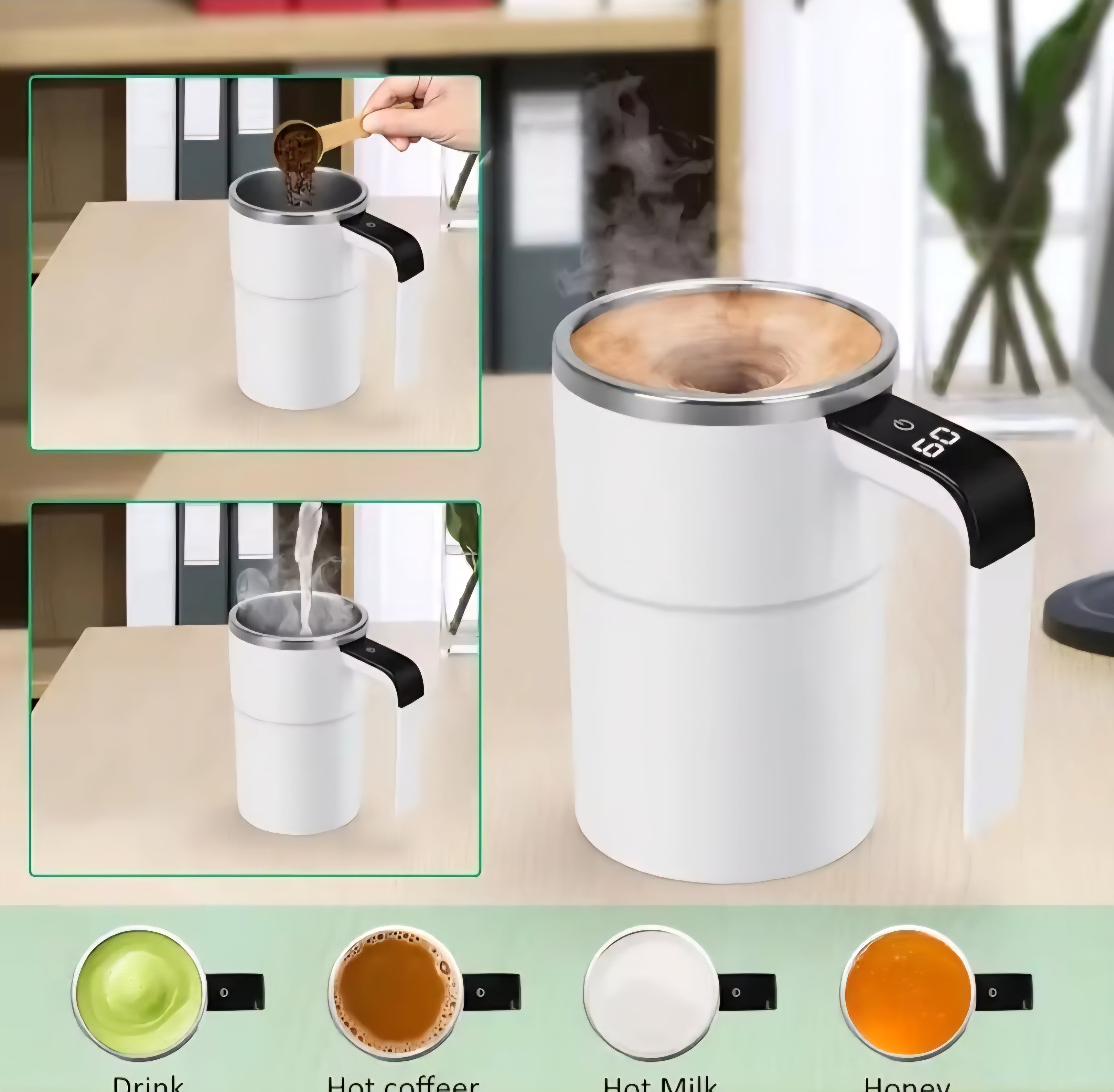 Smart mixing coffee cup, LED display, USB charging, magnetic mixing function