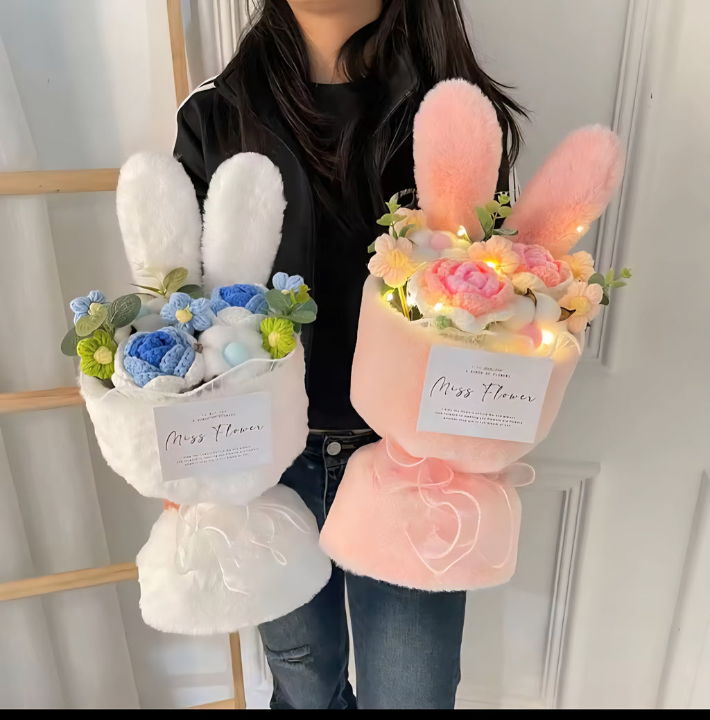 1PC Cotton Rope Artificial Roses Bouquet Handmade Rabbit Ear Knitted Plush Flower Bun.v